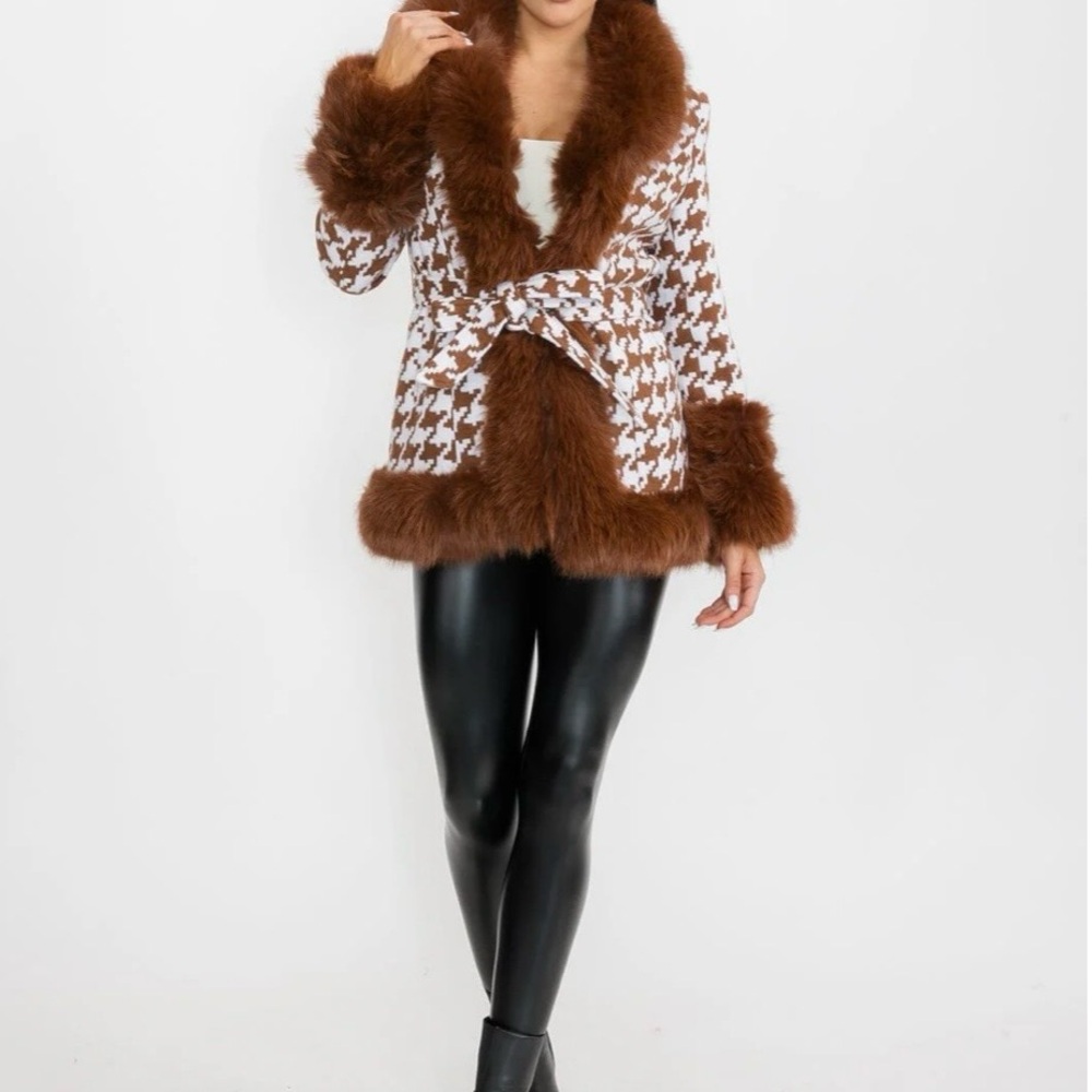 Brown and White Houndstooth Faux Fur Trim Coat - Picture 3 of 5